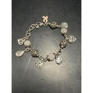 Silver Tone Charm Bracelet Rose Quartz Beads Hearts Enjoy Every Moment 7.5"